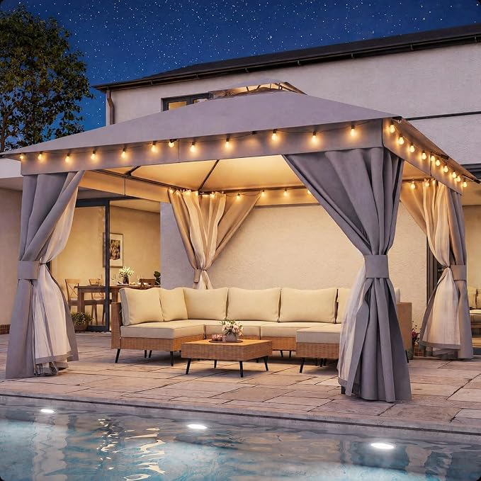 12'x12' Outdoor Gazebo with 100FT String Lights, Metal Heavy Duty Patio Canopy by LAUSAINTHOME