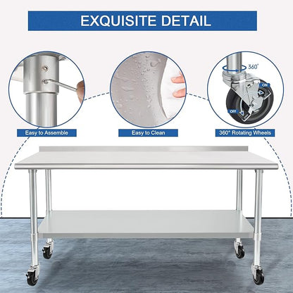 HARDURA Stainless Steel Table with Wheels 30X72 Inches NSF Heavy Duty Commercial Prep Table with 2” Backsplash and Adjustable Undershelf for Food Prep