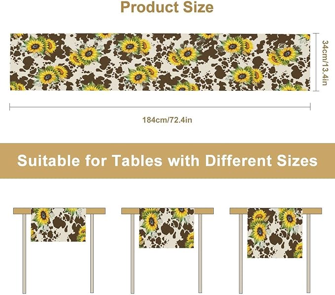 Cow Print Table Runner, Brown Sunflower Cow Print Animal Fur Skin Rustic Cowhide Pattern Table Runner for Kitchen Farmhouse Dining Home Outdoor 13x108in