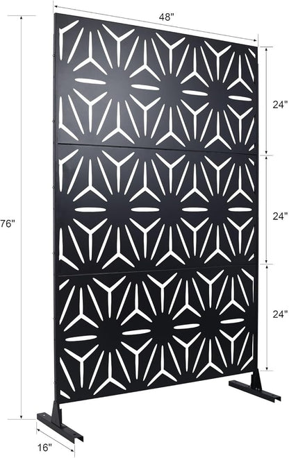 Outdoor Privacy Screen, 76" H x 48" W Decorative Metal Panel, Steel Privacy Divider with Freestanding Base, Ideal for Garden, Patio, or Balcony, Black