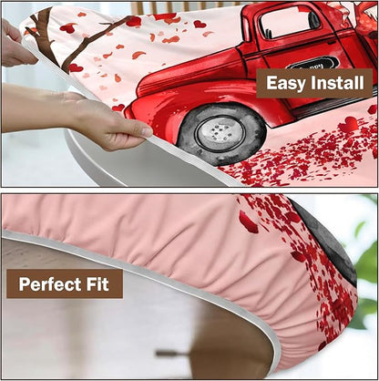 Valentines Day Round Fitted Tablecloth with Elastic Pink Red Heart Circle Table Cloth for 48-52" Round Tables Wipeable Waterproof Washable Gnome Truck Valentine Table Cover for Dining Picnic Party