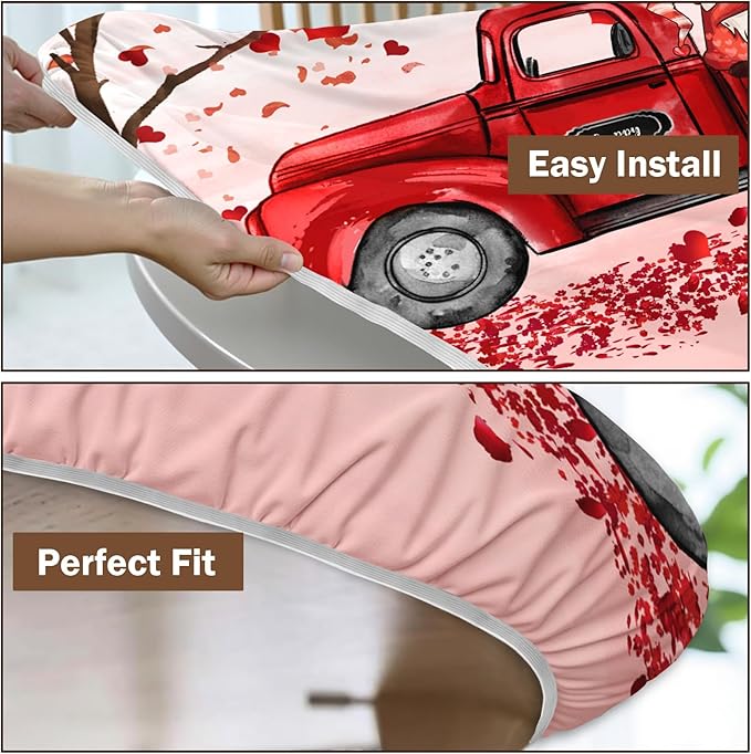 Valentines Day Round Fitted Tablecloth with Elastic Pink Red Heart Circle Table Cloth for 40-44" Round Tables Wipeable Waterproof Washable Gnome Truck Valentine Table Cover for Dining Picnic Party