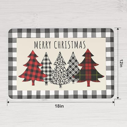 QIYI Christmas Placemats Set of 6, 12x18 Inch PU Leather Place Mats for Kitchen Dinning, Heat Resistant Anti Slip Buffalo Plaid Table Mats, Waterproof Washable Placemat Party Table Décor, Xmas Trees