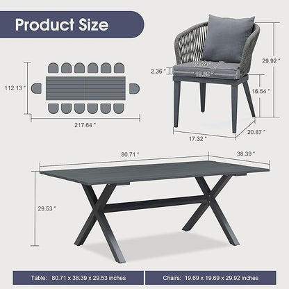 PURPLE LEAF 14 Pieces Patio Dining Set Wicker Outdoor Furniture Rectangular Table and Chairs Set for Garden Deck Aluminum Frame Backyard Kitchen Set, Cushions and Pillows Included Grey
