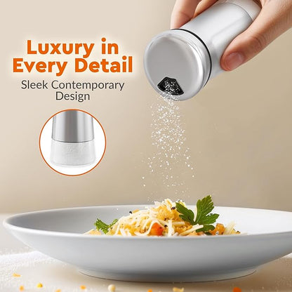 HOME EC Original Salt and Pepper Shakers Set with Adjustable Pour Holes - Glass and Stainless Steel Salt Shaker and Pepper Shaker - Farmhouse Spice dispenser for salts, ground peppercorn and spices