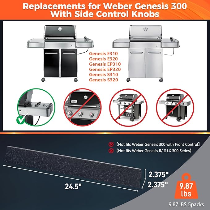 QuliMetal 24.5 Inch Flavorizer Bars for Weber Genesis 300 Series Grills with Side Controls Knobs, Genesis E310 E320 S310 S320 EP310 EP320 (2007-2010), Porcelain Steel Heat Plates for Weber 7539 7540
