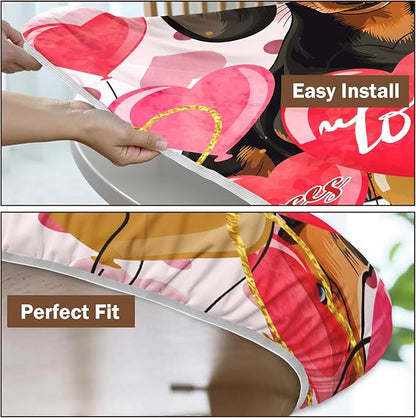 Valentines Day Round Fitted Tablecloth with Elastic Pink Love Heart Dog Circle Table Cloth for 44-48" Tables Wipeable Waterproof Washable Valentine Puppy Table Cover for Picnic Dining Party Decor