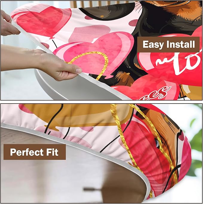 Valentines Day Round Fitted Tablecloth with Elastic Pink Love Heart Dog Circle Table Cloth for 40-44" Tables Wipeable Waterproof Washable Valentine Puppy Table Cover for Picnic Dining Party Decor