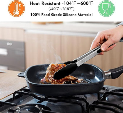 HOTEC Premium Stainless Steel Locking Kitchen Tongs with Silicon Tips, Set of 3-7", 9" and 12" (Black,Grey,Khaki)
