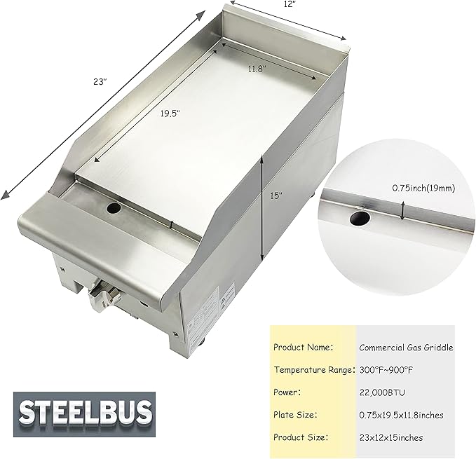 Commercial Gas Griddle-12''x23'' | Gas griddle flat top grill |19MM Thicken Heating Plate Heavy duty Stainless Steel gas Griddle,Countertop Griddle for Restaurant Equipment-22,000 BTU 6000W