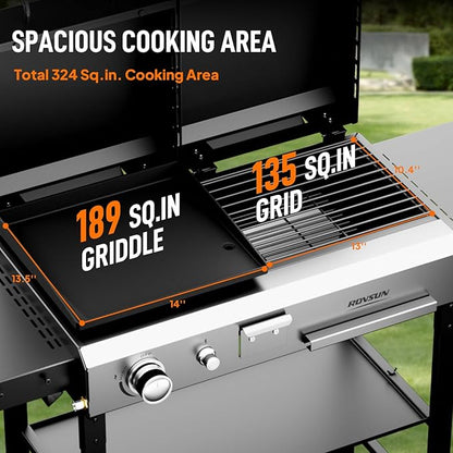 ROVSUN 2-in-1 Propane Gas Grill and Charcoal Grill Combo with Lid, 12000BTU Flat Top Griddle & Charcoal BBQ Grill with Electronic Ignition, Enamel Griddle & Grate for Outdoor Backyard Cooking Barbecue