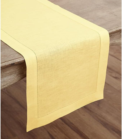 Solino Home Linen Yellow Table Runner 144 Inches Long - 100% Pure Linen Extra Long Table Runner 14 x 144 Inch for Valentines, Spring, Easter - Classic Hemstitch