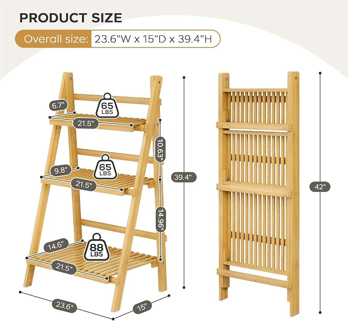 Foldable Ladder Shelf 39.4", Plant Shelf 3 Tier, Bamboo Ladder Flower Pot - Image 3