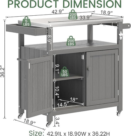 Weatherproof HIPS Outdoor Kitchen Island with Stainless Steel Top & Storage Cabinet, Movable Prep Table with Wheels for BBQ Food Prep, Outdoor Grill Cart for Parties, Grey