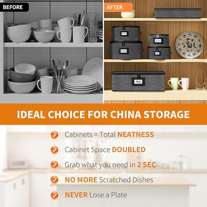 Aokeyee China Storage Containers- 6 Piece Set Hard Shell Moving Box for Dishes, Plate, Mugs, Cups, Silverware, Flatware, Saucers, Dinnerware, Sturdy Quilted Organizer with Soft Dividers, Handles, Grey