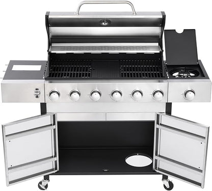 6-Burner Gas Grill with Side Burner, 65850 BTU Outdoor BBQ Grill, 620 sq in Cooking Area with Cast Iron Grates, Enameled Steel Lid & Built-in Thermometer for Patio, Garden, Family Gatherings