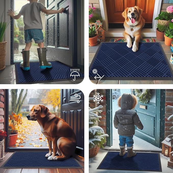 Smiry Front Door Mat Outside Entrance, Heavy Duty Outdoor Indoor Natural Rubber Doormat, Non Slip, Trap Dirt and Moisture, Easy Clean, Low Profile Patio Porch Entryway Mat, 59x23, Navy Blue
