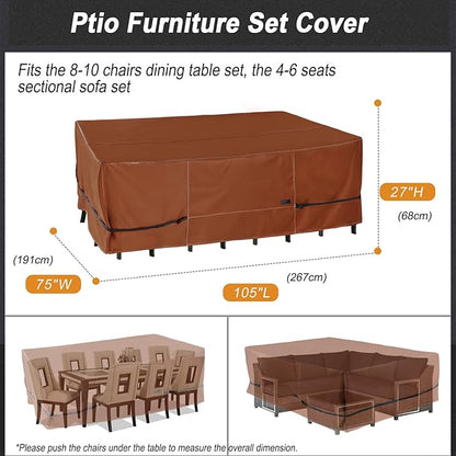 NettyPro Patio Table Cover Rectangular 105 x 75 Inch, 600D Heavy Duty Waterproof Outdoor Furniture Covers for Dining Table and Chair Rectangular, Brown