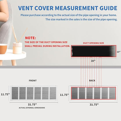 30x10 Return Air Grille (Duct Opening Size), Air Return Vent Cover, AC Vent Cover, Cold Air Return Vent Cover, Flat Return Air Grilles, Outer Dimensions:31.75"W x 11.75"H (30"Wx10"H, Duct Opening)