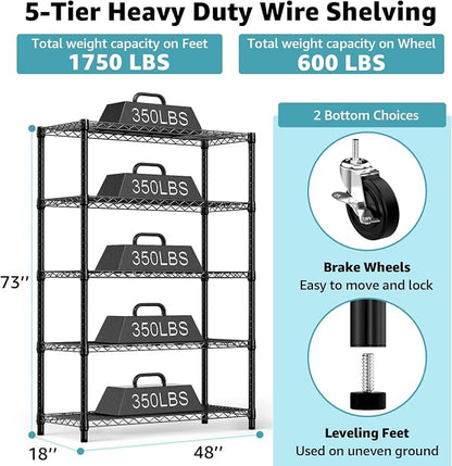 M MZG 5-Shelf Storage Shelves, Wire Shelving Heavy Duty Metal Storage Shelving - Image 3