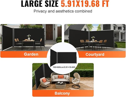 VEVOR Retractable Side Awning, UV 50 71''x 236'' Full Aluminum Rust-Proof Patio Sunshine Screen, 280 g Thicken Privacy Divider & Wind Screen for Courtyard, Balcony, Roof Terraces and Pools, Black