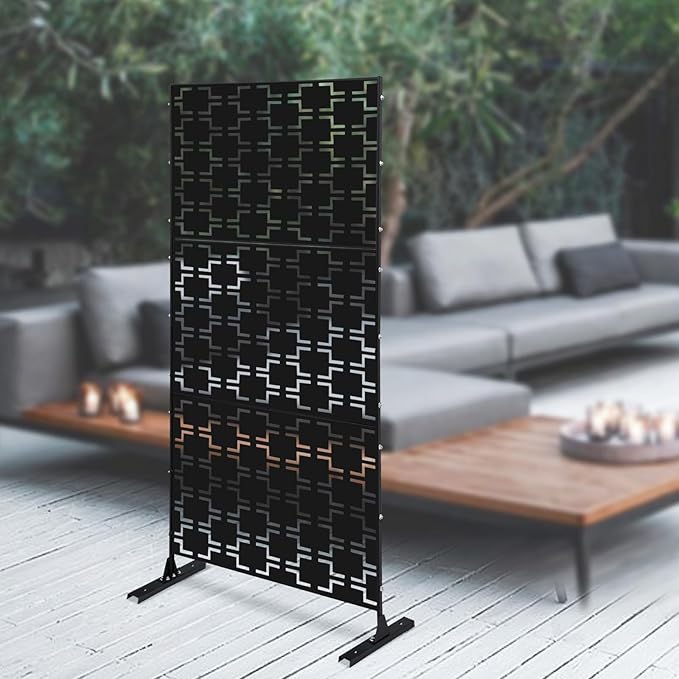 Outdoor Metal Privacy Screen with Stand, 35.4" W x 75" H Freestanding Metal Slatted Decorative Privacy Screen and Panels for Patio Garden Balcony Porch (Black Rectangular)