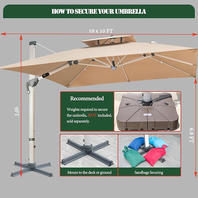10x10 FT Square Cantilever Patio Umbrella - Image 6