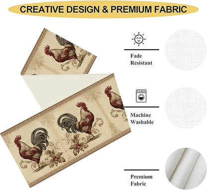Farmhouse Rooster Table Runner, Vintage Rooster Retro Farmhouse Country Chicken Coffee Table Center Decor for Home Kitchen Dining Patio Holiday Party Indoor Outdoor Table Decorations 13"x108"