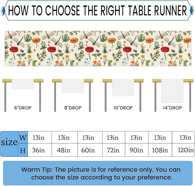 Flowers Dragonflies Table Runner Kitchen Dining Table Runner 13*108in Table Center Decor for Indoor Outdoor Home Holiday Party