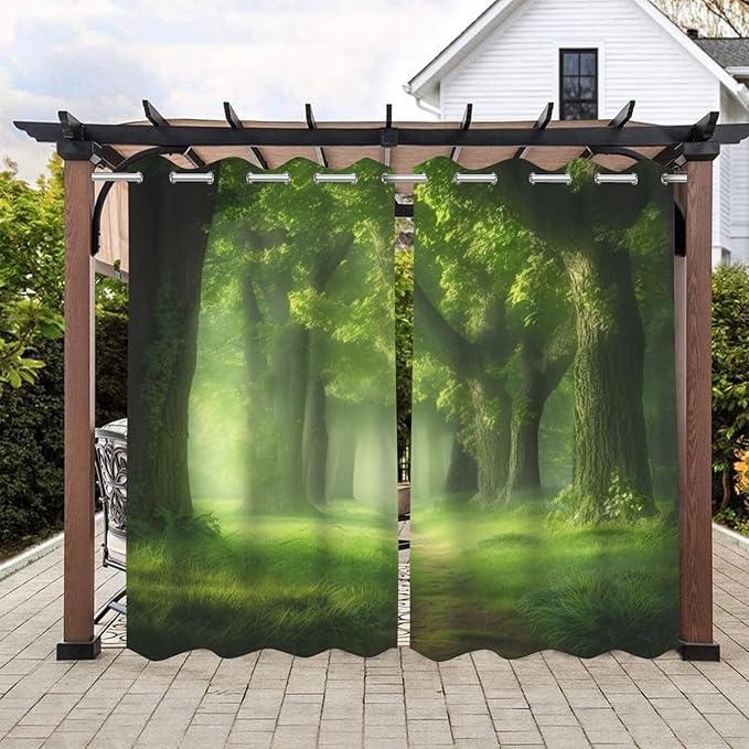 Forest Theme Outdoor Curtains for Patio Waterproof,Dawn Trees Jungle Pattern,Grommet Curtain for Bedroom, Porch, Living Room, Pergola, Cabana,Set of 2 Panels,54 x 108 inch,Green