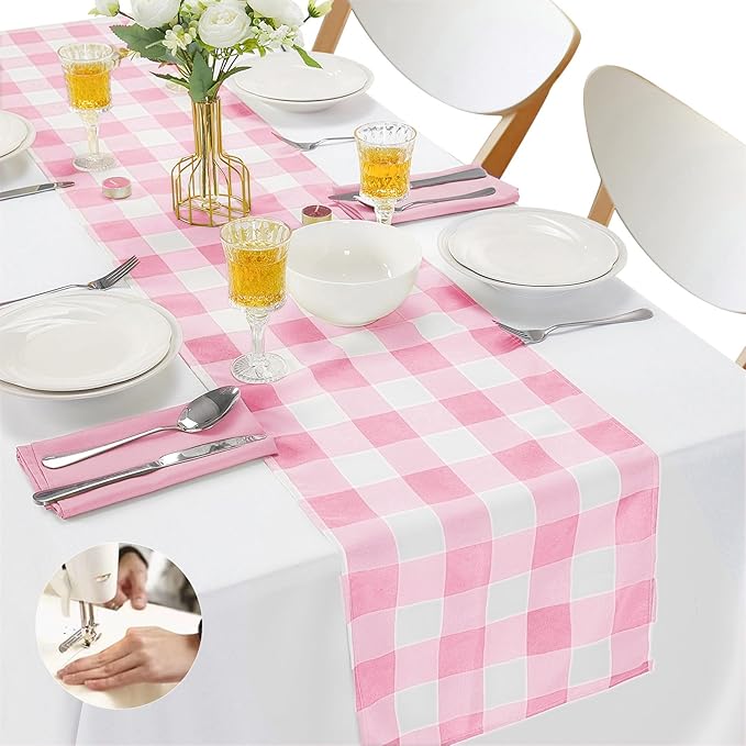 Fabric Checkered Table Runner 1 Pack Waterproof Gingham Table Runner 14W x 108L Buffalo Check Table Runners for Parties Kitchen Dining Wedding Banquet (Pink and White)