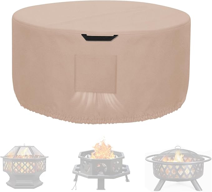 Kovshuiwe Round Fire Pit Cover-600D Fabric Waterproof and Resistant Material, Fits Outdoor For 34-36 Inch Fire Pit /Table Cover, Patio Fire Bowl Cover-36"DIA x 20"H, Khaki