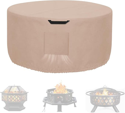 Kovshuiwe Round Fire Pit Cover-600D Fabric Waterproof and Resistant Material, Fits Outdoor For 34-36 Inch Fire Pit /Table Cover, Patio Fire Bowl Cover-36"DIA x 20"H, Khaki