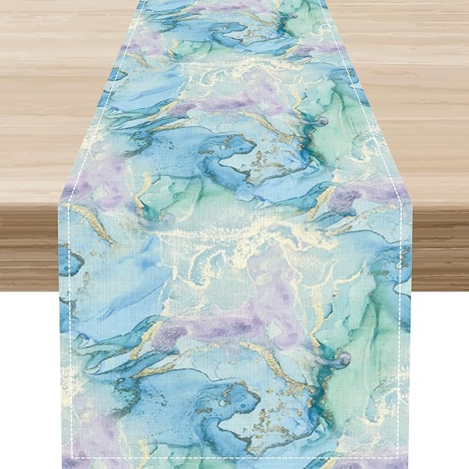 Summer Beach Table Runner, Blue Sea Coastal Nautical Marble Wave Ocean Table Runner Seasonal Holiday Home Kitchen Dining Table for Home Party Decor 13"x108"