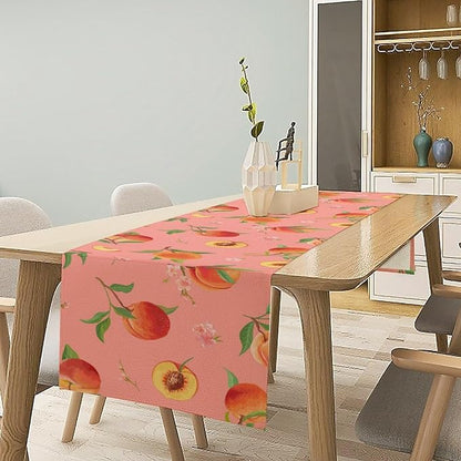 Pink Cute Peach Table Runner, Colorful Summer Fruit Floral Table Runner for Kitchen Dining Party Holiday Home 13x70in