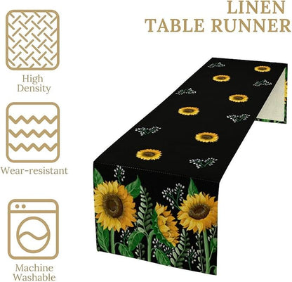 Sunflower Table Runner,Spring Summer Watercolor Floral Plants Leaves Print Table Runner for Kitchen Dining Table Home Holiday Party Indoor Outdoor Decor 13x60in