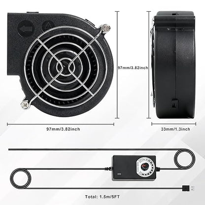 KUNRISE BBQ 97mm × 33mm Blower Fan, High Airflow 110V 120V Variable Speed Centrifugal Fan with AC Plug for Camping, Charcoal Ignition, Outdoor Cooking, Fireplace, Bellows or Wood Stove