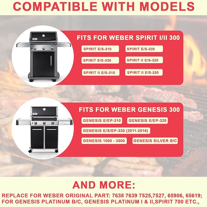 Spirit 300 Grill Grates for Weber Spirit E310 E320 S310 S320 E/S 330 II E/S 310 3 Burner Grill Parts, Genesis Silver/Gold/Platinum B/C, Genesis 1000-3500 Grates, 7MM 304 Stainless Steel, 7639 7638