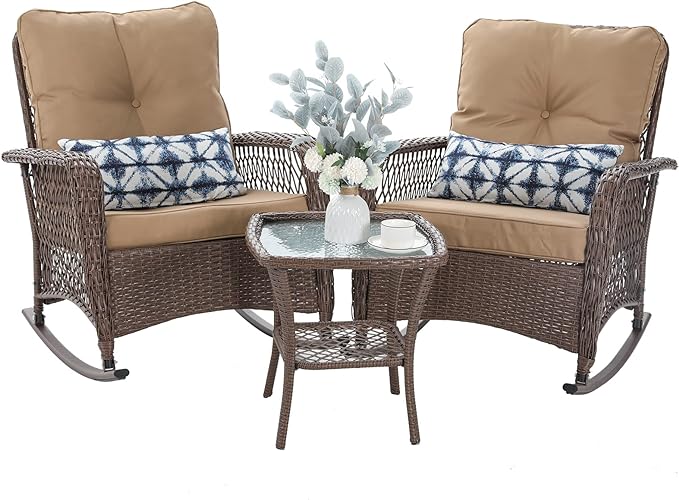 Patio Furniture Set 3 Pieces, Wicker Outdoor Rocking Bistro Set, Khaki | VONZOY by VonzoyHome