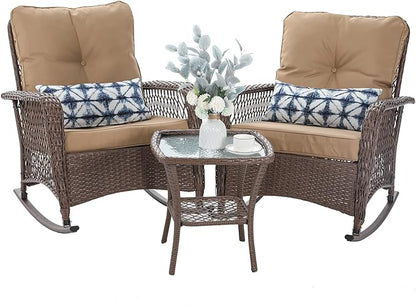 Patio Furniture Set 3 Pieces, Wicker Outdoor Rocking Bistro Set, Khaki | VONZOY by VonzoyHome