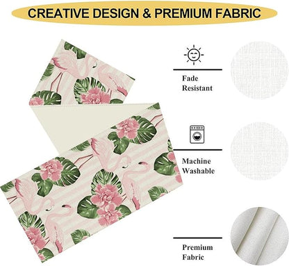 Tropical Table Runner,Retro Flamingo Hawaii Summer Palm Leaves Flower Stripes Table Center Decor for Family Kitchen Living Room Outdoor Farmhouse Party Table Decorations, 13"x72"