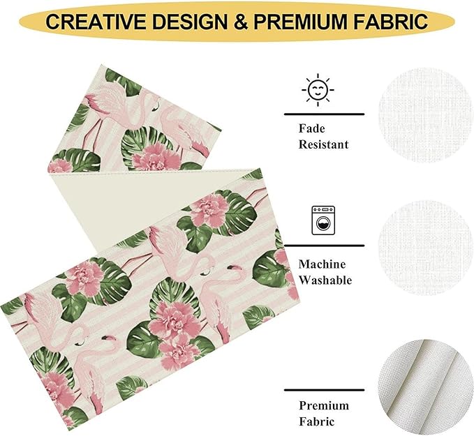Tropical Table Runner,Retro Flamingo Hawaii Summer Palm Leaves Flower Stripes Table Center Decor for Family Kitchen Living Room Outdoor Farmhouse Party Table Decorations, 13"x108"