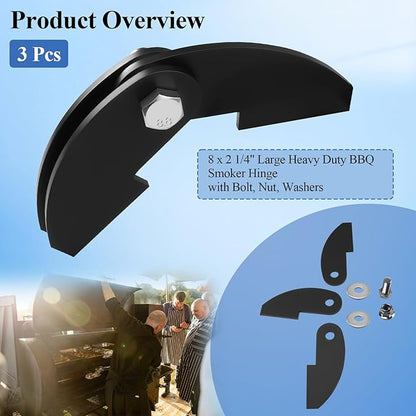 3 Pcs 8 x 2 1/4" Large Heavy Duty BBQ Smoker Hinge, Compatible with Burn Shop BBQ Smoker Hinge Doors, Fit for 3/16" Plate Steel, with Bolt, Nut, Washers