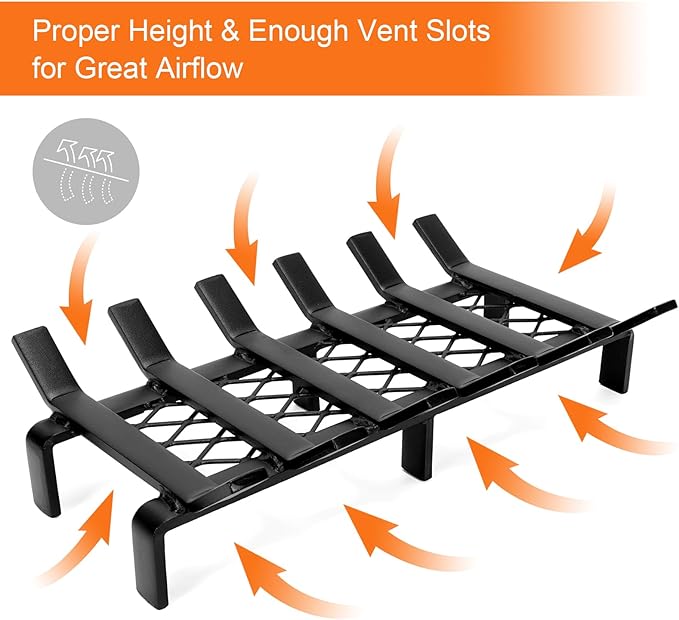 13" Fireplace Grate with Ember Retainer, Wood Stove Grate Rack, Heavy Duty Solid Steel Firewood Holder, Non-Assembly Fire Grate for Indoor Hearth Outdoor Firepit - Matt Black