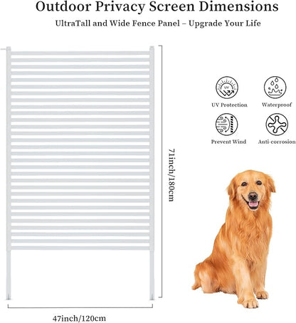 Outdoor Privacy Screen with Stand, Rustproof Metal Fence Panel, 47.24’’ x 71’’ PE-Coated Steel Slats, Decorative Privacy Fence for Patio, Garden, Backyard, Trash Can, White(1 Panel)