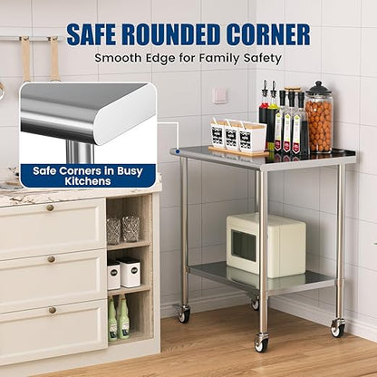 Stainless Steel Work Table with Wheels, 24x36 Inch NSF Food Prep Table with Backsplash & Adjustable Undershelves for Commercial Kitchen, Restaurant, Garage