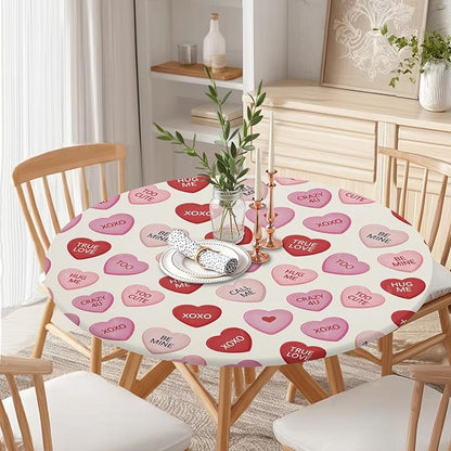 Valentines Day Round Fitted Tablecloth with Elastic Pink Red Love Hearts Circle Table Cloth for 36-40" Round Tables Wipeable Waterproof Valentines Decorative Table Cover for Picnic Dining Party Decor