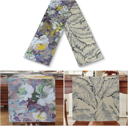 Double-Sided Table Runner - Reversible Oil Painting & Banana Leaf Design, Waterproof Linen Cotton for Dining Table Decor, Holiday Home Decoration（Pruple）
