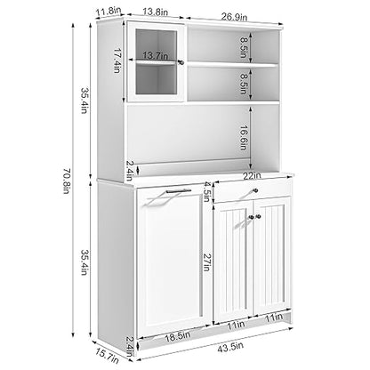OLD CAPTAIN Tilt Out Trash Cabinet with Deodorising Function, Kitchen Hutch with Microwave Shelf and Drawer, Kitchen Pantry with Trash Cabinet for 10 Gallons, White