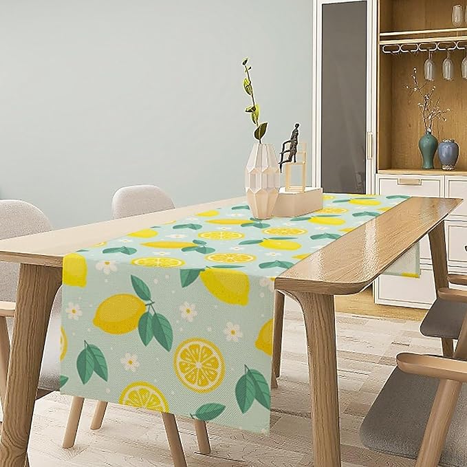 Spring Lemon Table Runner, Summer Seasonal Green Leaves Flowers Yellow Fruit Print Table Runner for Farmhouse Kitchen Dining Table Home Party Decor 13x60in